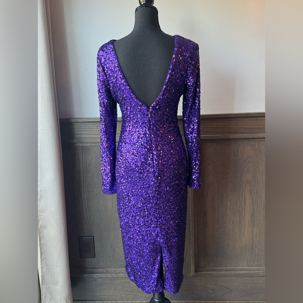 Dress the Population Shimmering sequin Purple Long Sleeve Dress low back nwt M - Picture 5 of 9